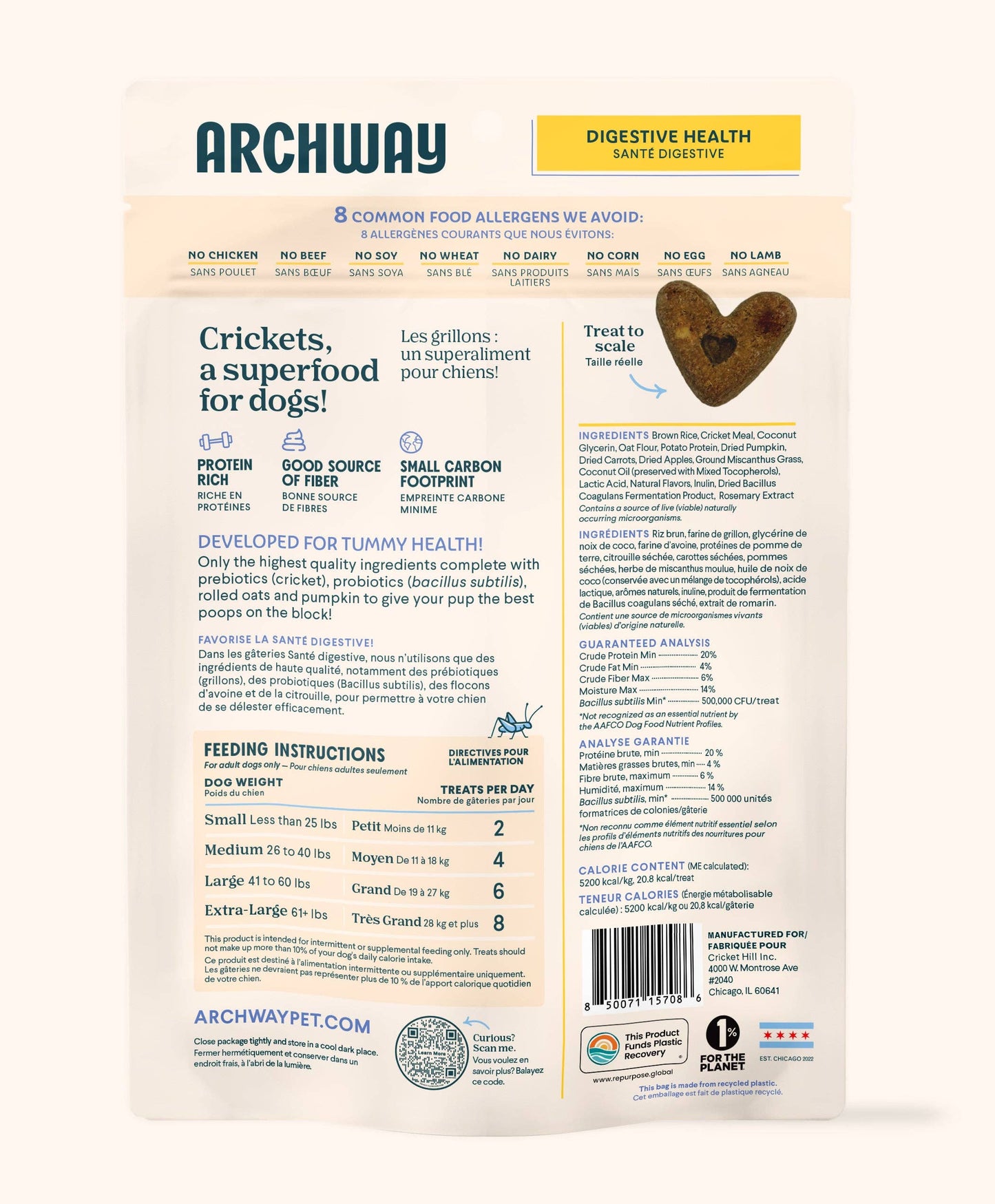 Back of Archway Digestive Health functional dog treats package showing product and nutritional information