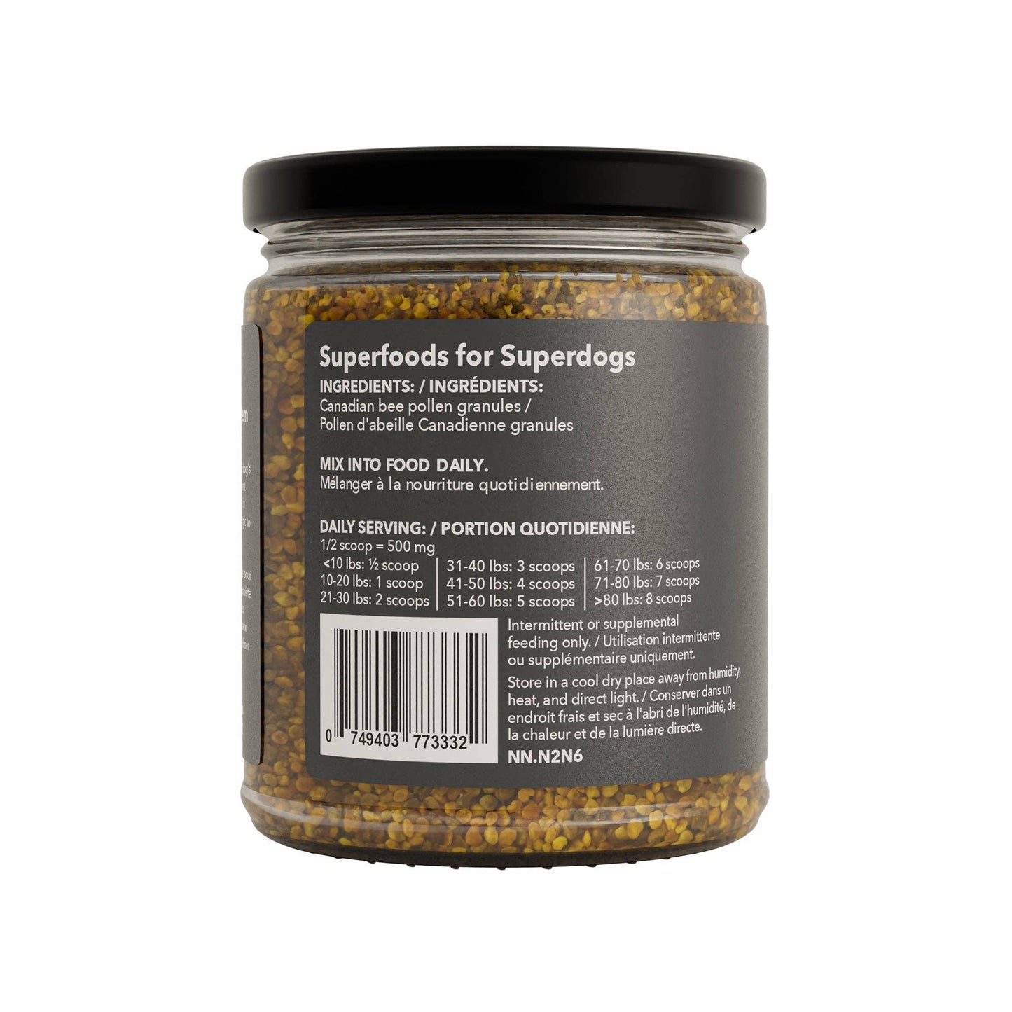 Nutrition and supplement facts label for bee pollen for dogs
