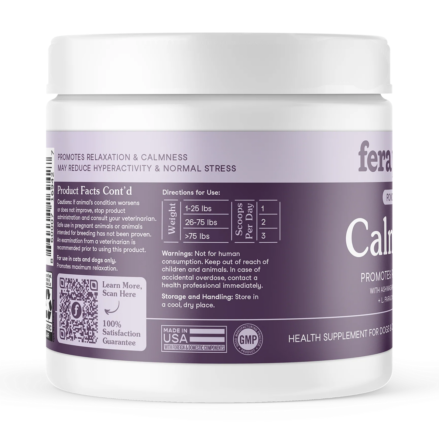 Side view of Fera Pets calming supplement jar packaging, BPA-free and recyclable container