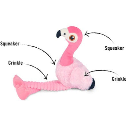 Flamingo dog toy showing crinkle legs and squeakers for engaging, interactive play