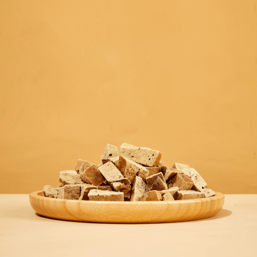 Freeze-dried beef liver dog treats showing natural texture and cube size