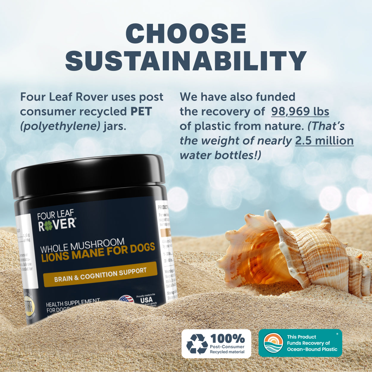 Four Leaf Rover lion’s mane supplement packaging with sustainability messaging