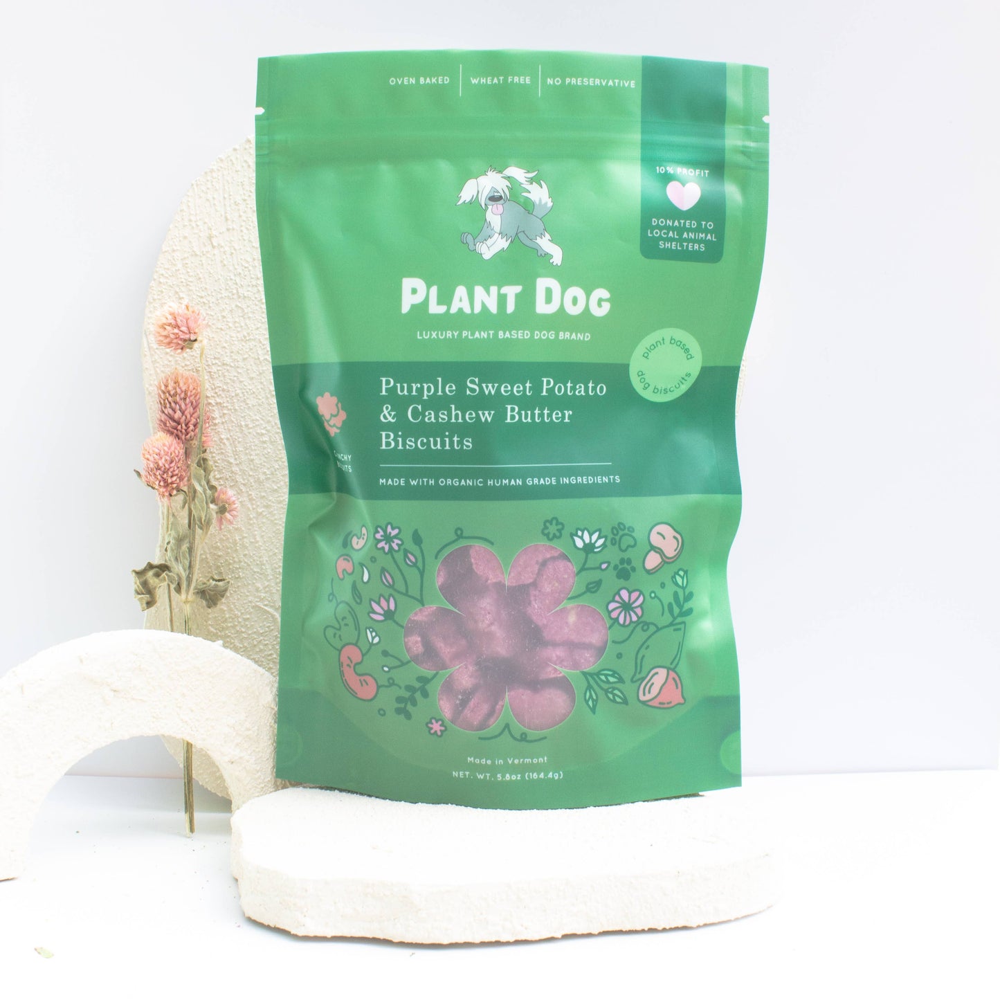 Organic purple sweet potato dog treats made with plant-based ingredients and gently baked for everyday wellness