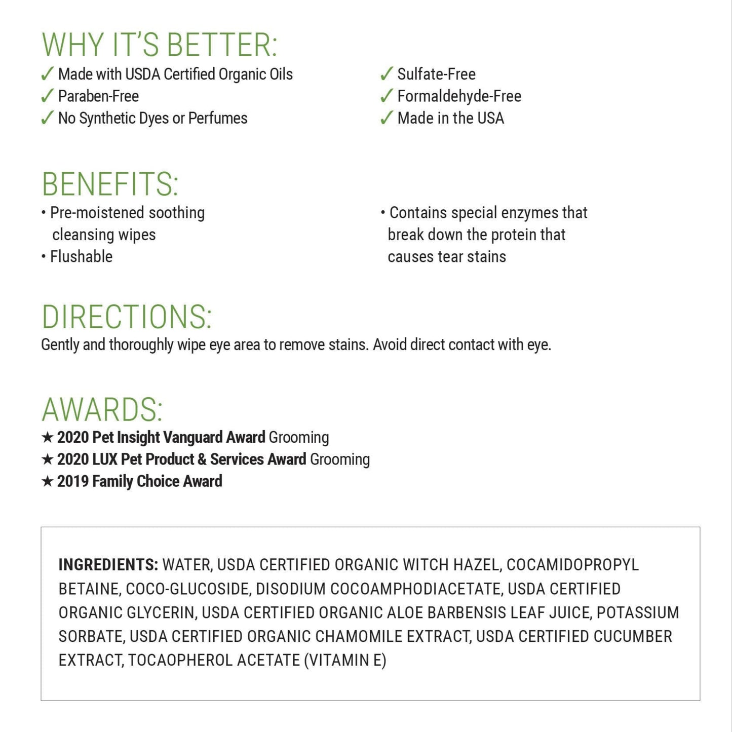 Benefits and usage information for tear stain removing dog eye wipes made with aloe vera and gentle cleansing ingredients