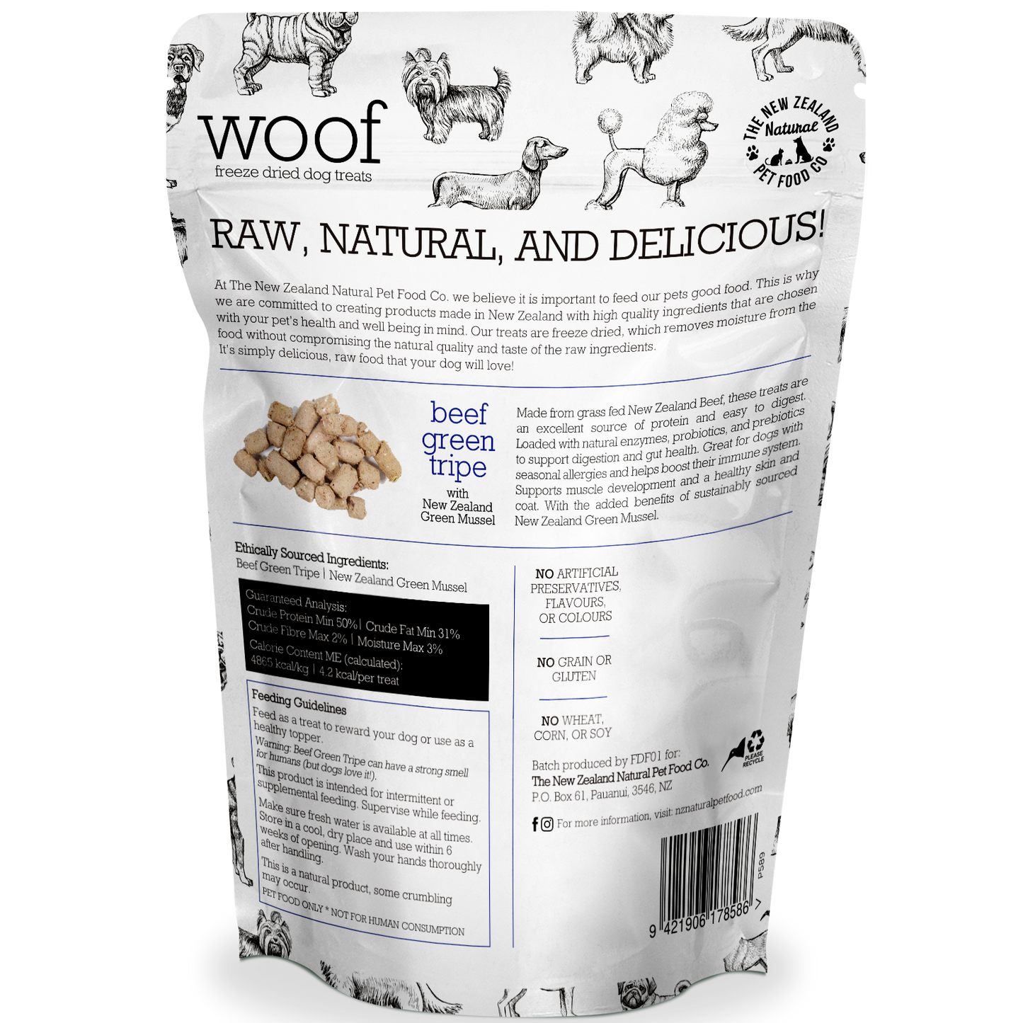 Back packaging of WOOF air-dried beef green tripe and mussel dog treats showing ingredients and product details