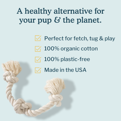 Product graphic highlighting the organic cotton and natural materials used in the rope dog toy