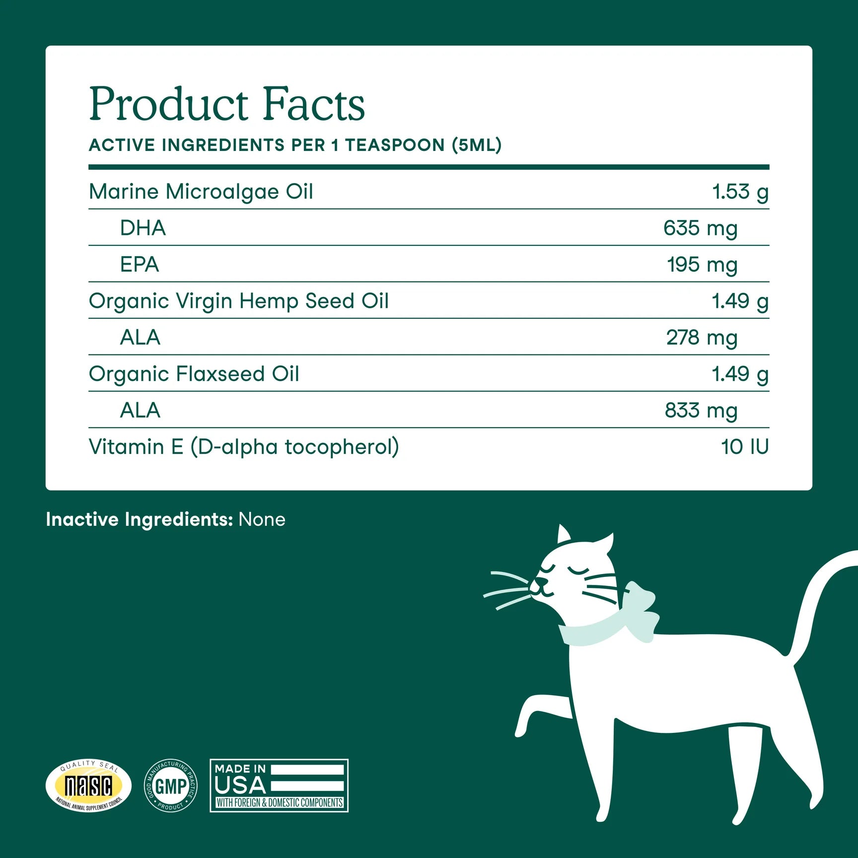 Supplement facts label for algae oil for dogs showing EPA and DHA content