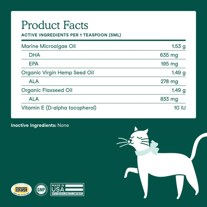 Supplement facts label for algae oil for dogs showing EPA and DHA content