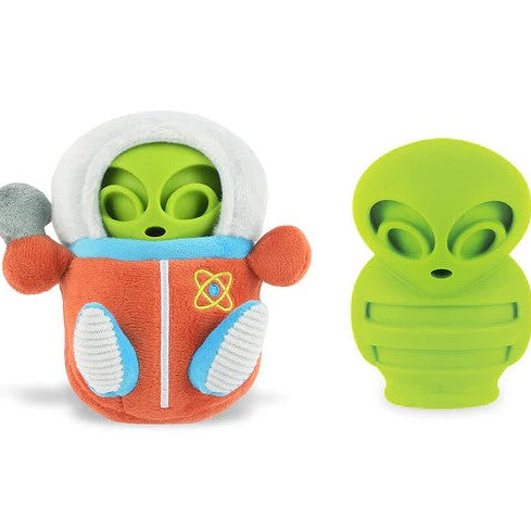 Alien Explorer 2-in-1 dog toy showing removable green TPE treat dispenser and plush outer shell
