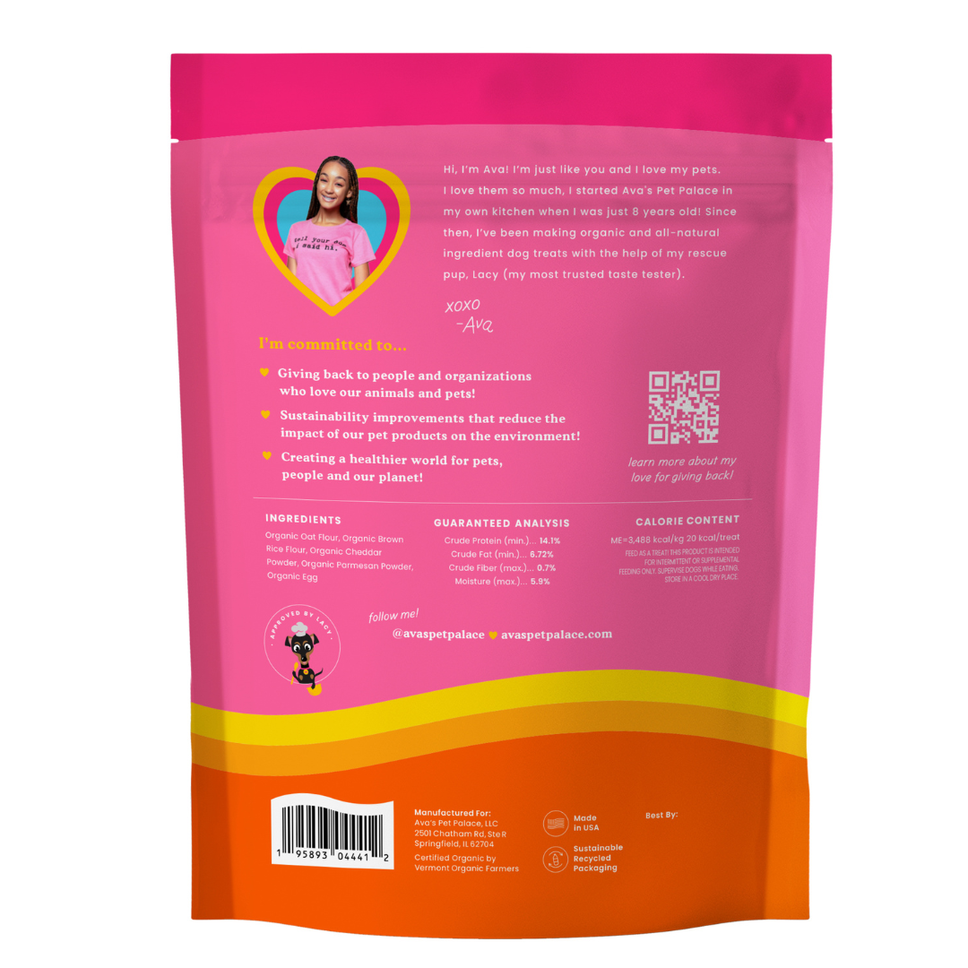 Back view of Cheeze Pleeze organic dog treats packaging showing clean ingredients, gluten-free formula, and low-calorie nutrition for dogs.