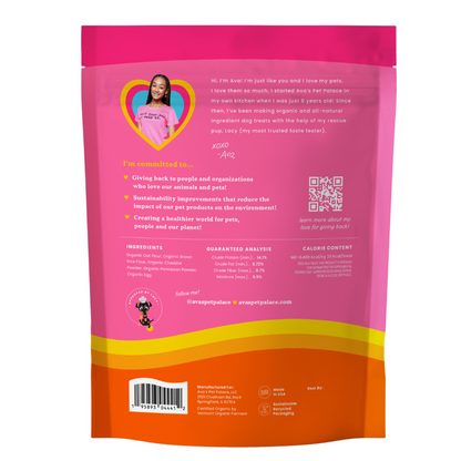 Back view of Cheeze Pleeze organic dog treats packaging showing clean ingredients, gluten-free formula, and low-calorie nutrition for dogs.
