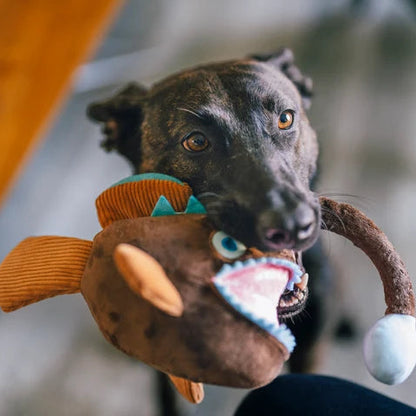 Black dog playing with P.L.A.Y. Angler Fish plush dog toy featuring a squeaker and hidden rope