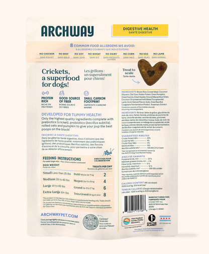 Back of Archway Digestive Health functional dog treats package showing product and nutritional information