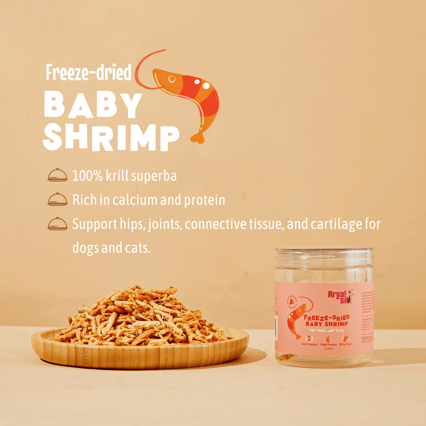 Front packaging of Arya Sit freeze-dried baby shrimp dog treats