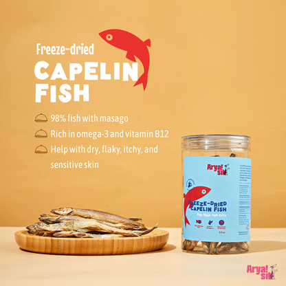 Front packaging of Arya Sit freeze-dried capelin fish dog treats and benefits