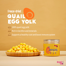 Product packaging and benefits for freeze-dried egg yolk dog treats, made with a clean simple recipe