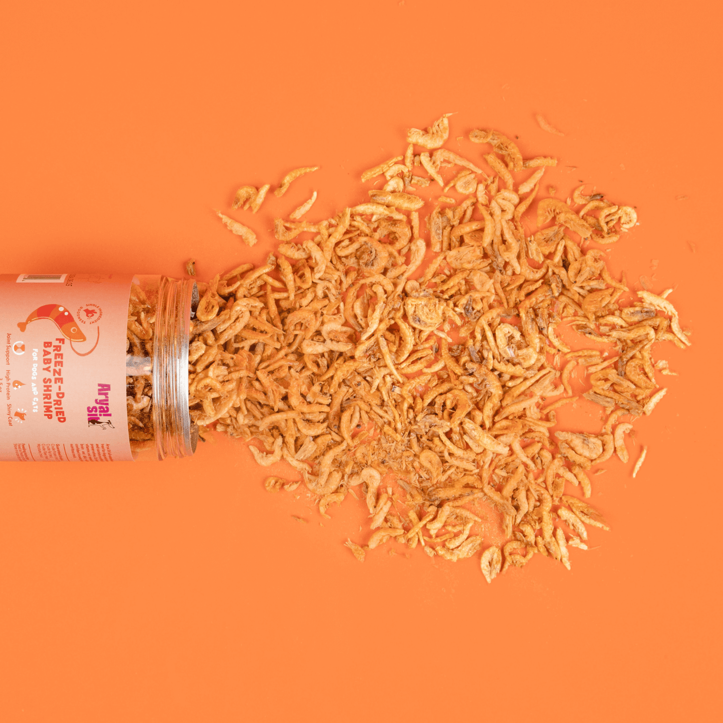 Freeze-dried baby shrimp dog treats spilling from product container on solid background