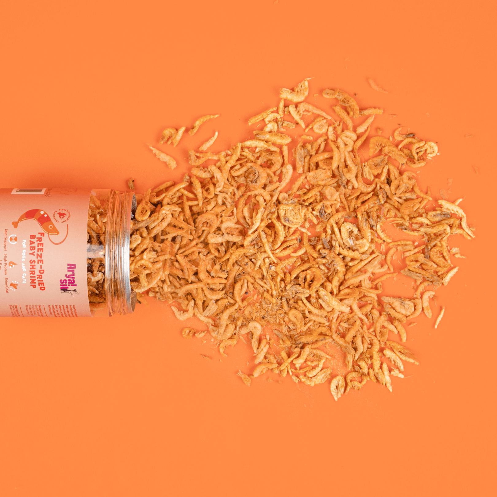 Freeze-dried baby shrimp dog treats spilling from product container on solid background