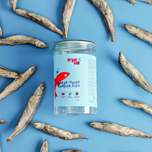 Freeze-dried capelin fish dog treats shown in product container with whole capelin fish