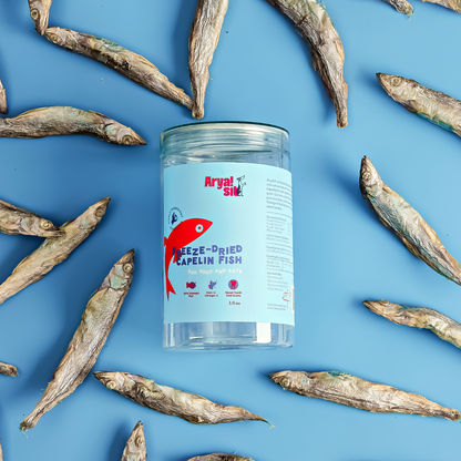 Freeze-dried capelin fish dog treats shown in product container with whole capelin fish