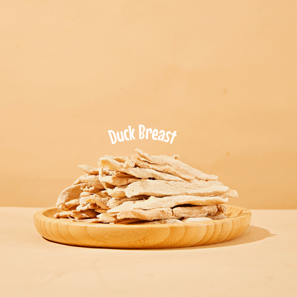 Freeze-dried duck breast dog treats showing natural texture and shape