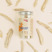 Single-ingredient freeze-dried duck breast dog treats shown in product container