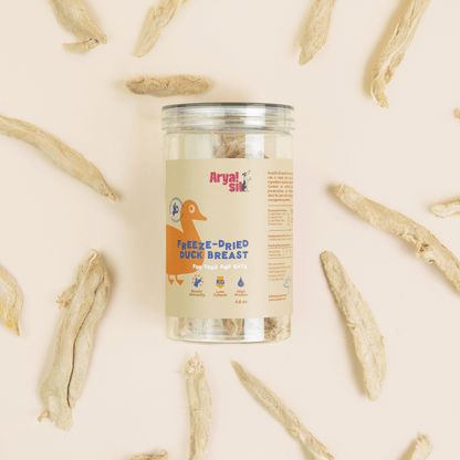 Single-ingredient freeze-dried duck breast dog treats shown in product container