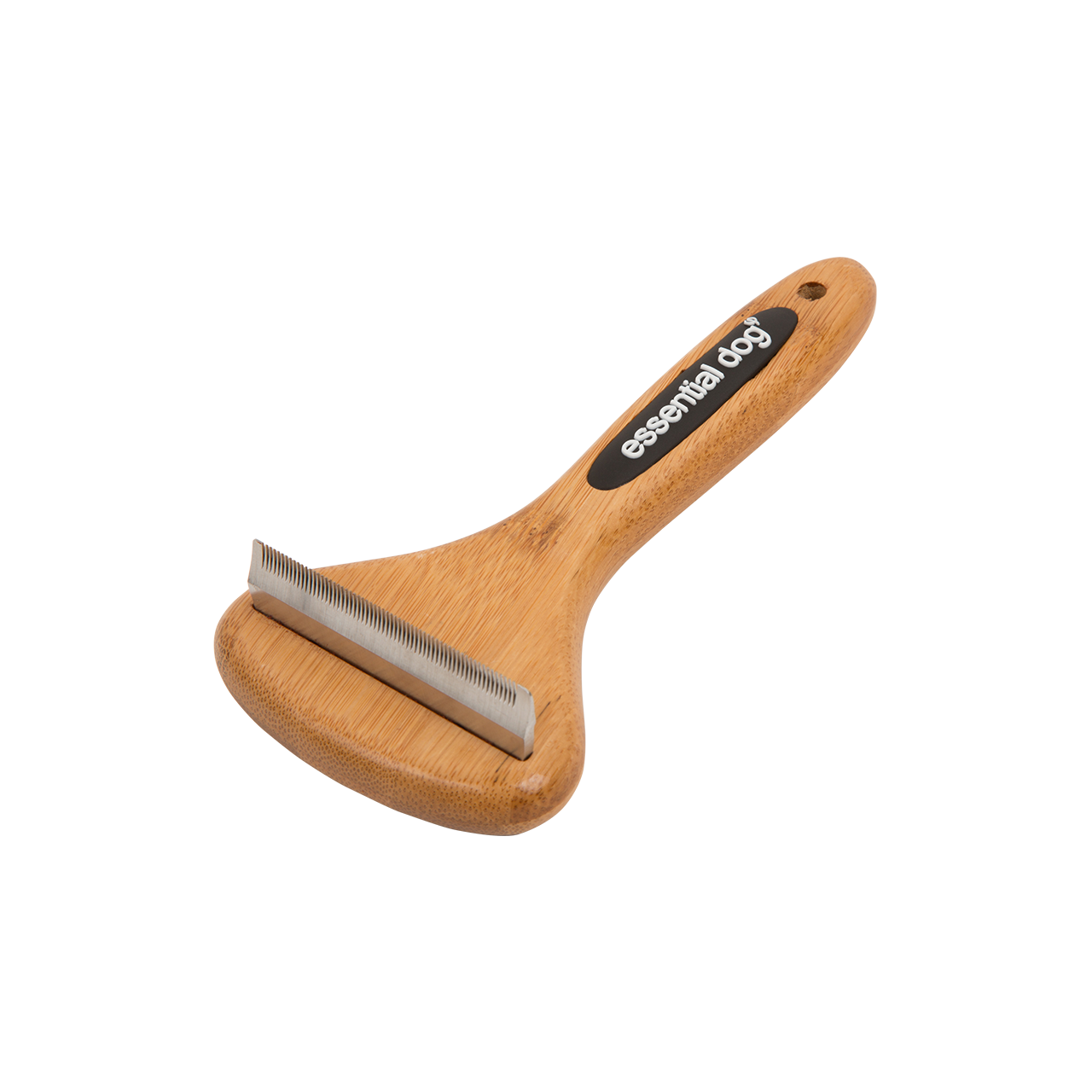 Bamboo deshedding dog brush with stainless steel blade designed to remove loose hair from short coats