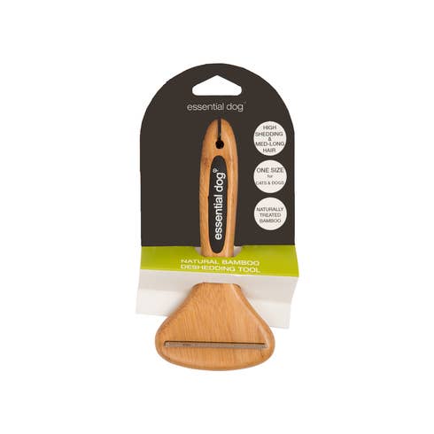 Bamboo deshedding dog brush shown with packaging for short-coated and heavy-shedding dogs