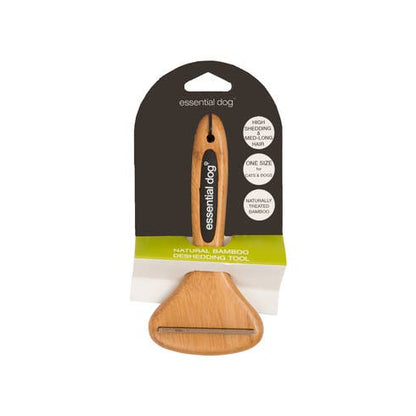 Bamboo deshedding dog brush shown with packaging for short-coated and heavy-shedding dogs