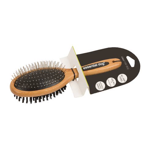Bamboo dog grooming brush shown with packaging for a natural, eco-friendly dog grooming tool