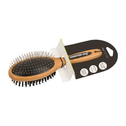 Bamboo dog grooming brush shown with packaging for a natural, eco-friendly dog grooming tool