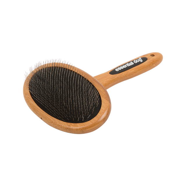 Bamboo dog grooming brush with natural bristles designed for everyday coat brushing