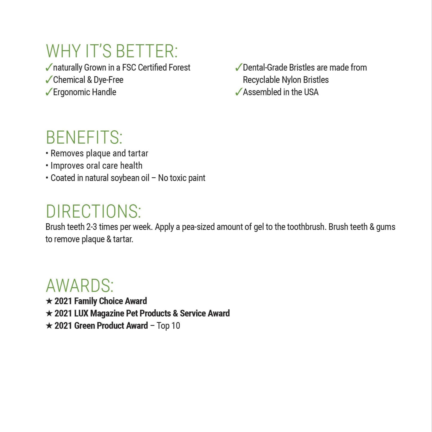 Benefits of a bamboo dog toothbrush including eco-friendly materials, effective plaque removal, and award-recognized sustainable design
