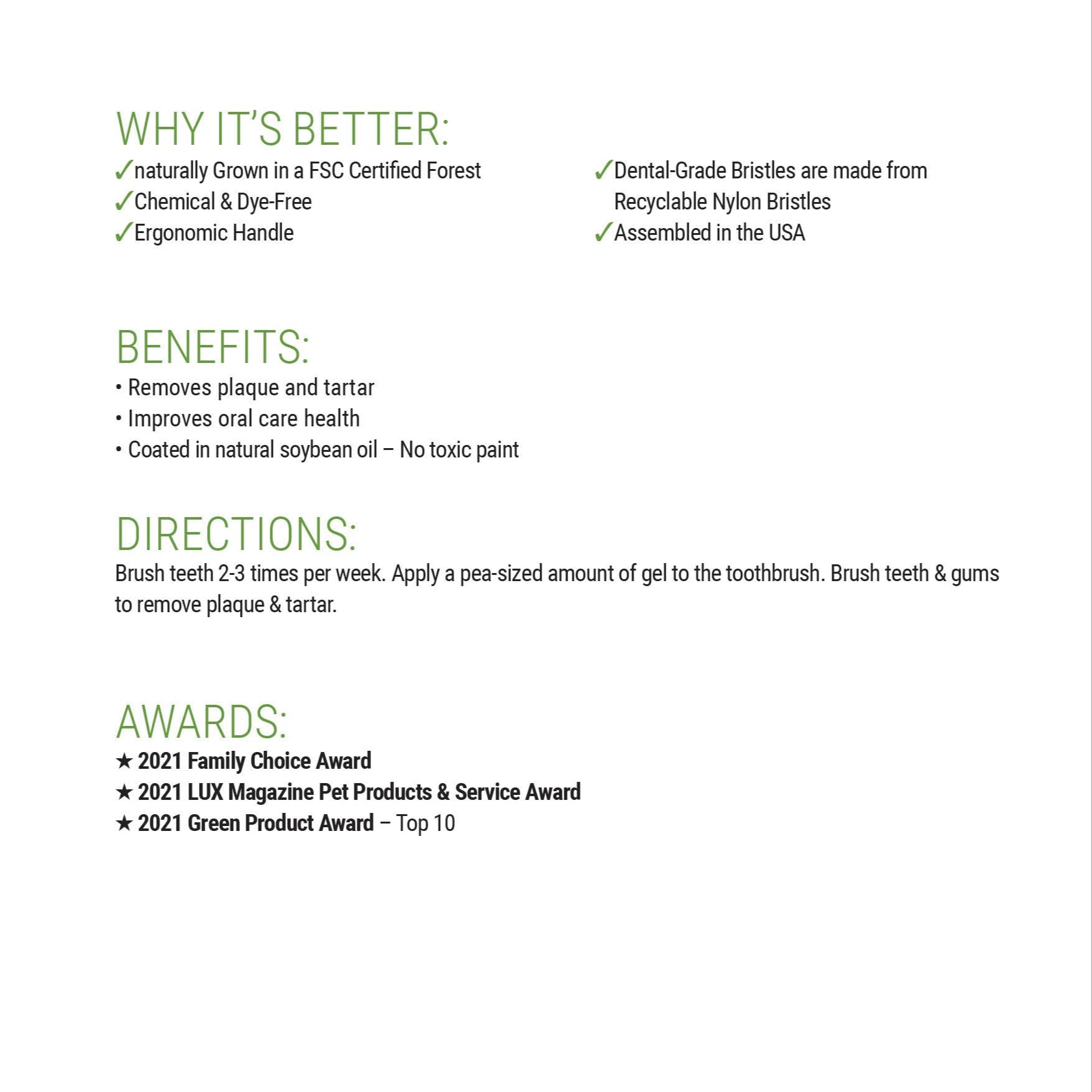 Benefits of a bamboo dog toothbrush including eco-friendly materials, effective plaque removal, and award-recognized sustainable design