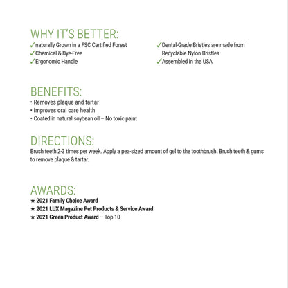Benefits of a bamboo dog toothbrush including eco-friendly materials, effective plaque removal, and award-recognized sustainable design