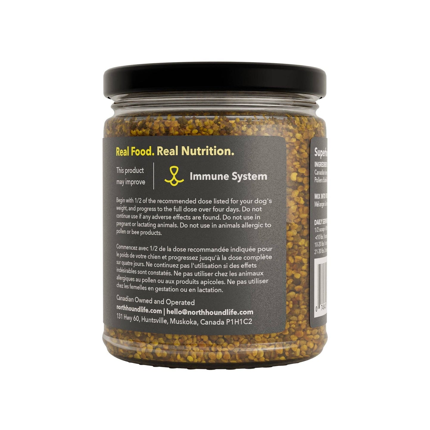 Bee pollen for dogs supplement jar showing ingredients and product details