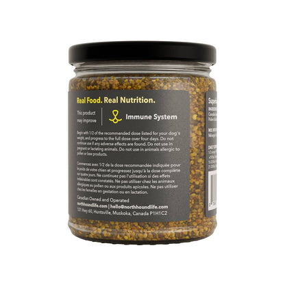 Bee pollen for dogs supplement jar showing ingredients and product details