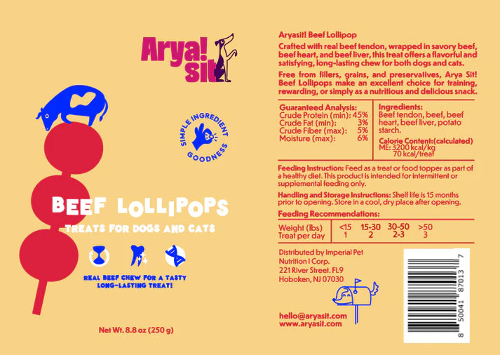 Ingredient label for nutritious beef lollipop chew treats made with beef tendon, heart, and liver