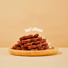 Stacked plate of firm beef lollipop chew treats for dogs supporting chewing and dental health