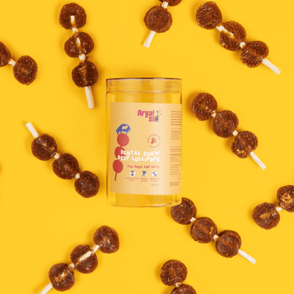 Beef lollipop chew treats for dogs made with real beef tendon, heart, and liver