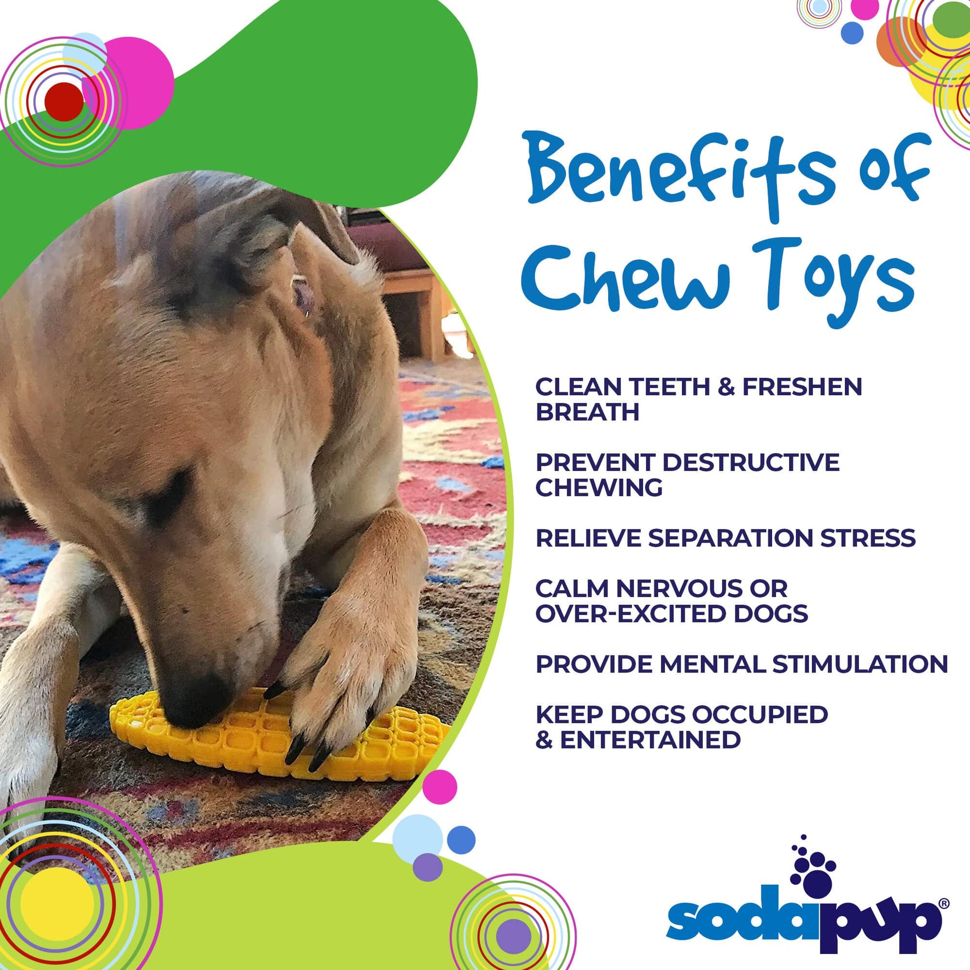 SodaPup graphic highlighting the benefits of the Corn on the Cob chew toy for dogs
