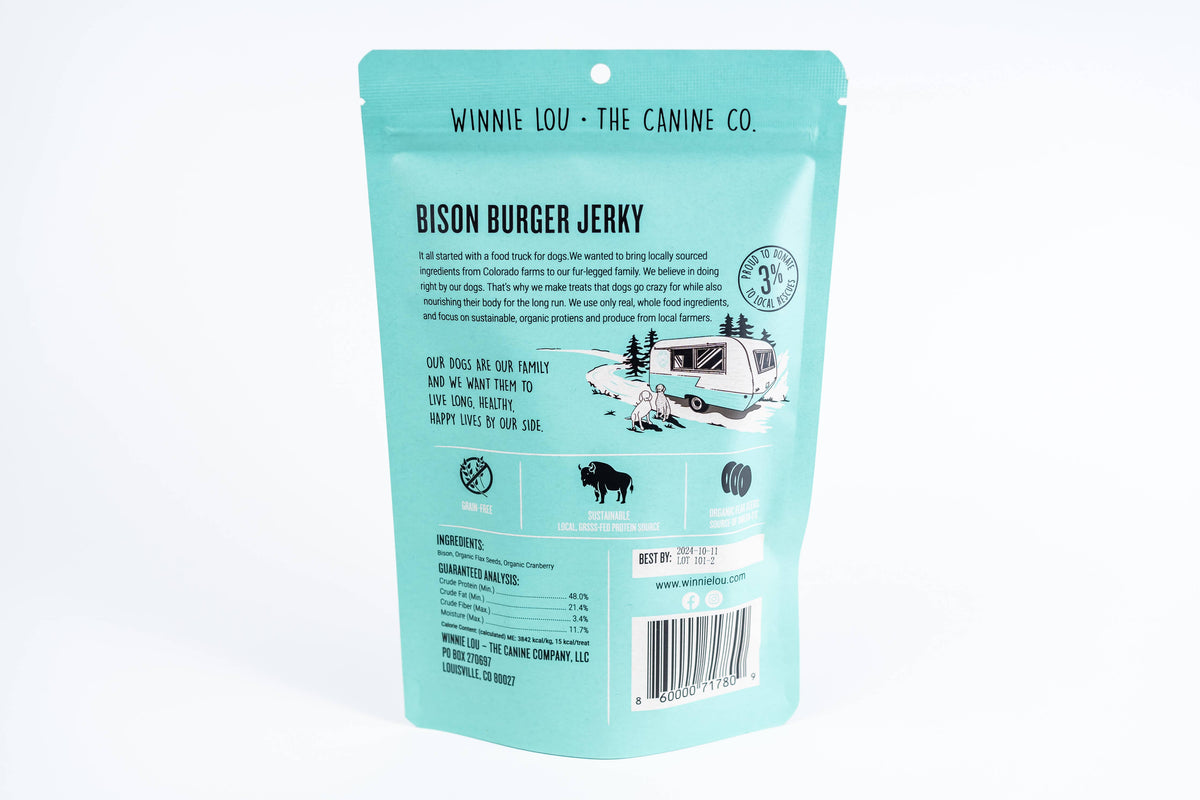 Back of Winnie Lou Bison Burger Jerky bag with product and nutrition information