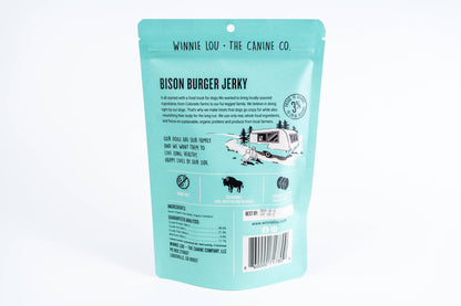 Back of Winnie Lou Bison Burger Jerky bag with product and nutrition information