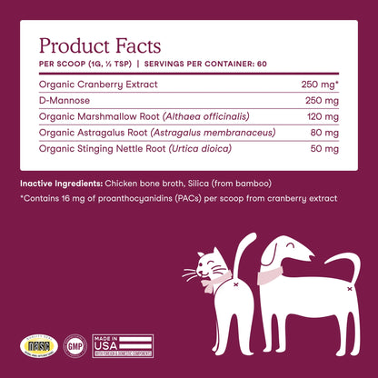 Product facts label for Fera Pets bladder support supplement for dogs