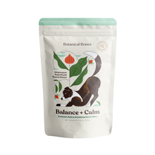 Front packaging of Botanical Bones Balance + Calm calming dog treats made with natural, plant-based ingredients