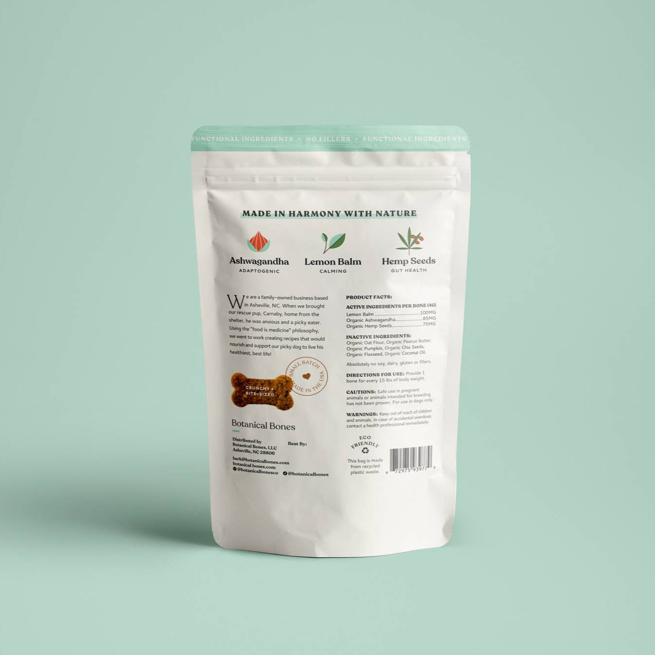 Back of Botanical Bones Balance + Calm dog treats packaging showing ingredients and product information