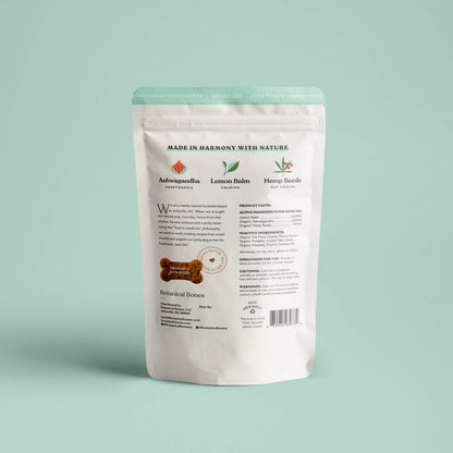Back of Botanical Bones Balance + Calm dog treats packaging showing ingredients and product information