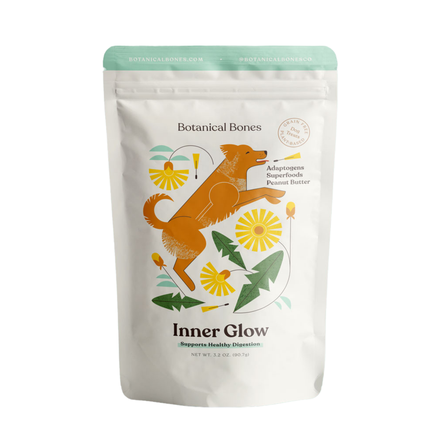 Front packaging of Botanical Bones Inner Glow digestive dog treats made with simple clean ingredients