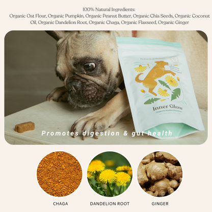 Botanical Bones Inner Glow digestive dog treats with plant-based ingredients shown